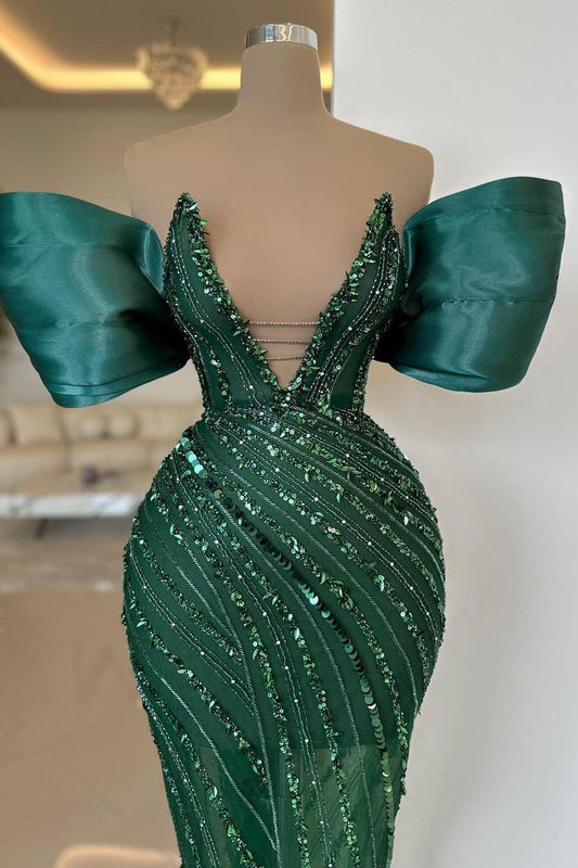 Charming Dark Green Sequins Off the Shoulder Strapless Long Prom Dress with Beadings