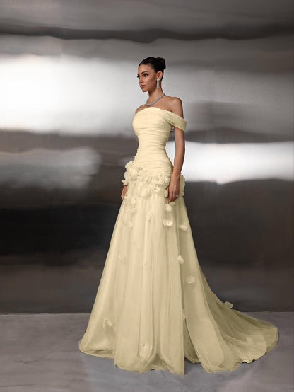 Off Shoulder Sleeveless A-Line Handmade Flower Prom Dress