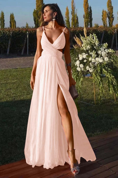 Fuchsia Spaghetti-Straps A Line Prom Dress Tulle With Split