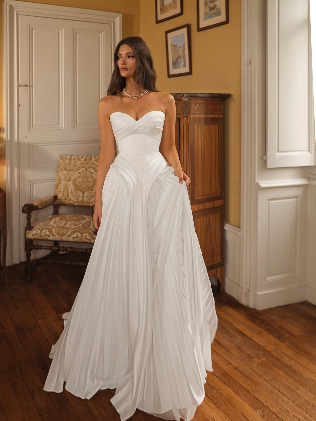 White A Line Strapless Sleeveless Long Dress with Pleated