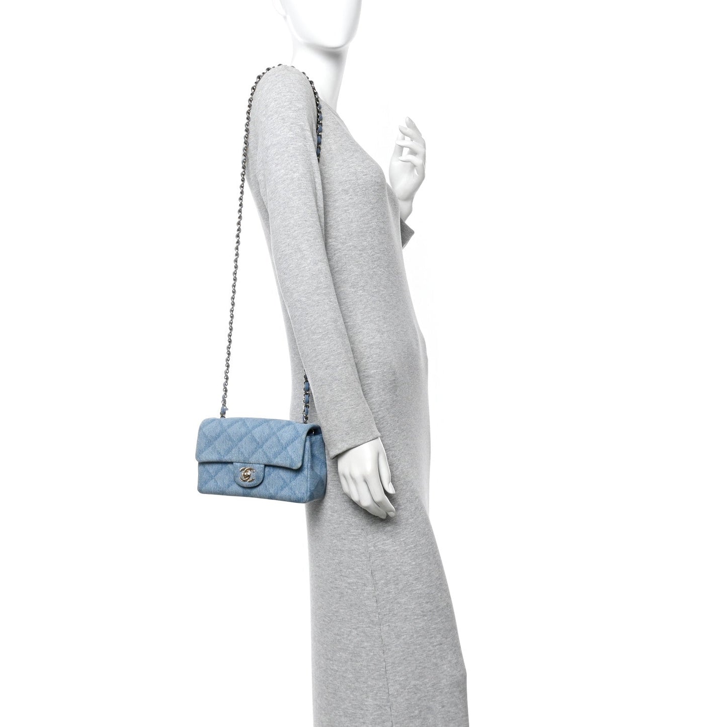 Printed Denim Quilted Mini Rectangular Flap Light Blue