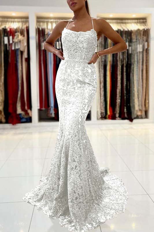 Gold Appliques Long Halter Straps Mermaid Evening Dress