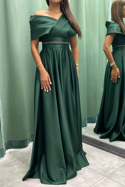 Elegant Long Evening Dress Pleat Off-The-Shoulder