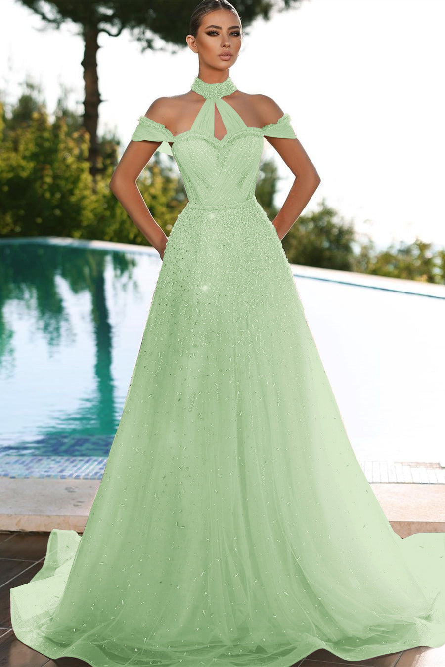 Champagne Off The Shoulder A Line Prom Dress Halter Tulle With Appliques