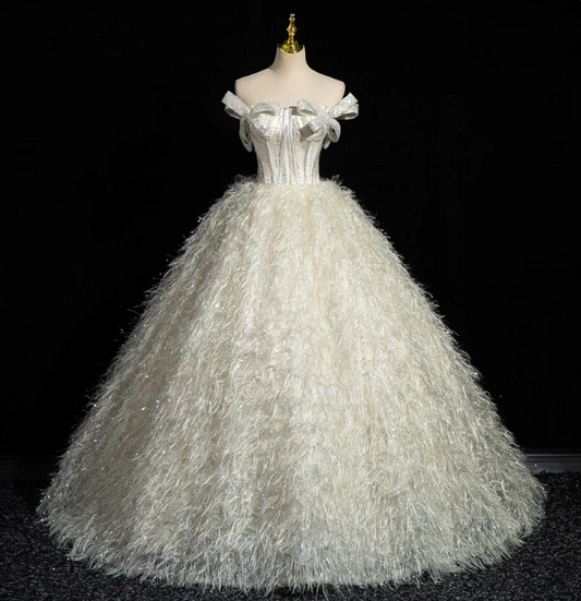Princess Milk White Bowknot Off-the-Shoulder Feather Tulle Ball Gown Evening Dress Sweet 16 Dress P4396