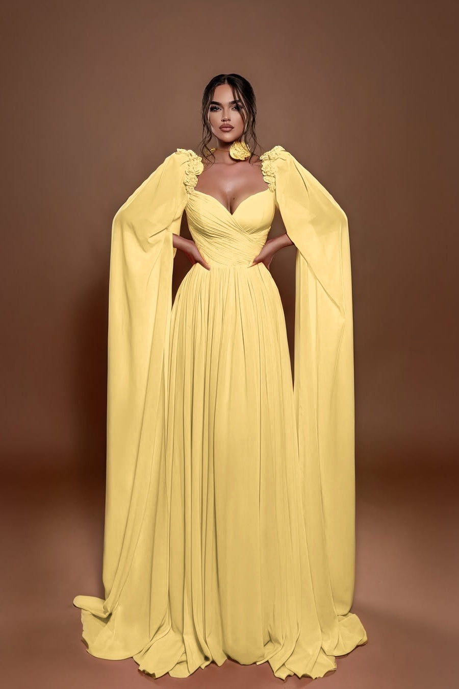 Chic A Line Sleeveless Long Pleated Prom Dress With Shoulder Cape