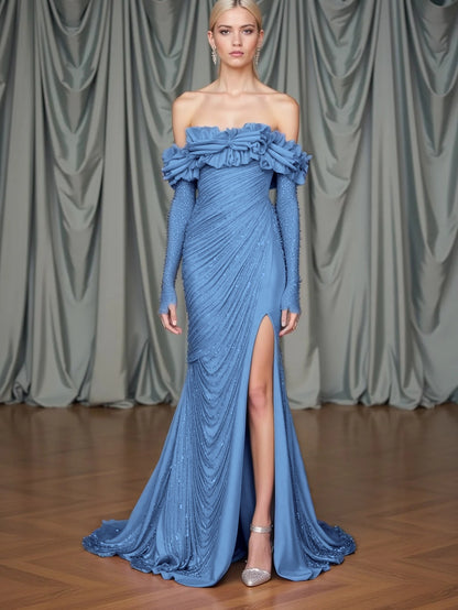 Long Sleeves Strapless Mermaid Slit Prom Dress With Sequins