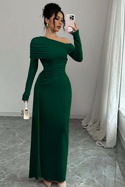 Long Sleeves One-Shoulder Pleated Mermaid Prom Dress