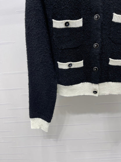 CC 25 Two-Tone Pocket Knit Cardigan Black Wool