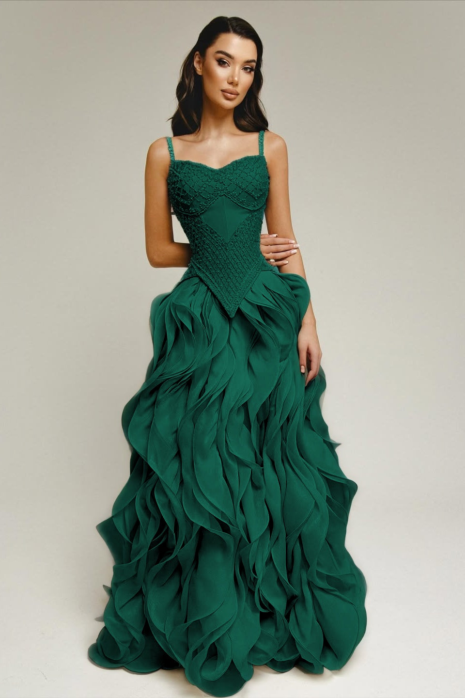 Sleeveless Exquisite Beaded Bustier Prom Dress with Cascading 3D Ruffles