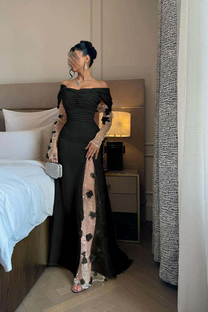Chic Daffodil Satin Long Sleeves Off the Shoulder Pleated Prom Dress with Sequins