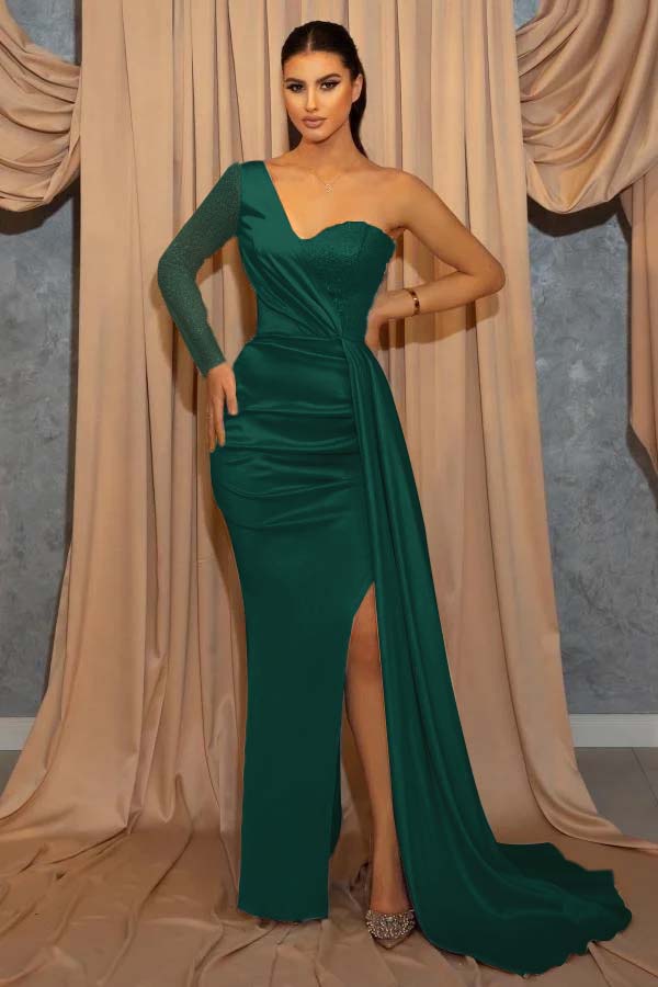 One Shoulder Long Sleeve Sweetheart Sequins Sky Blue Mermaid Evening Dress With Split