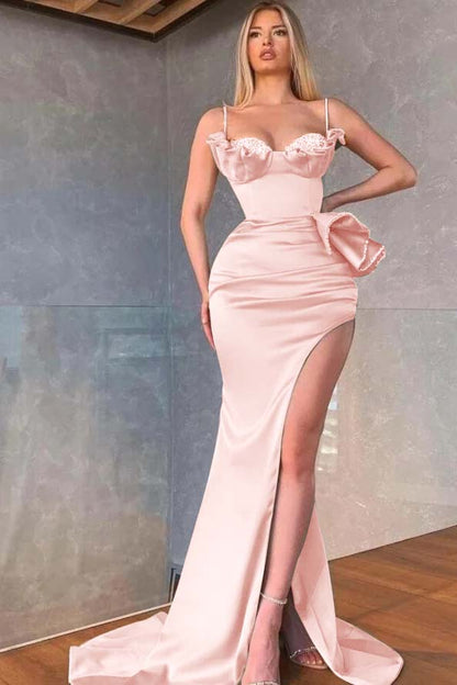 Dusty Sage Spaghetti-Straps Prom Dress Mermaid Split With Beadings Ruffles