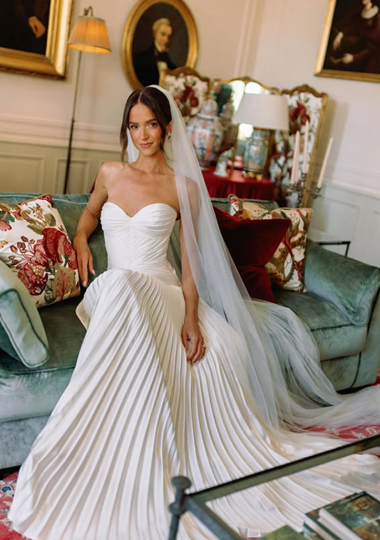 Unique A Line Sweetheart Neck Pleated White Satin Wedding Dresses SH4703