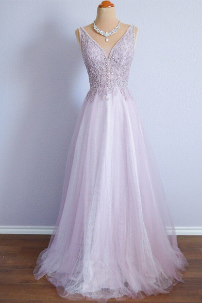 Chic Tulle A-Line V-Neck Open Back Prom Party Dress
