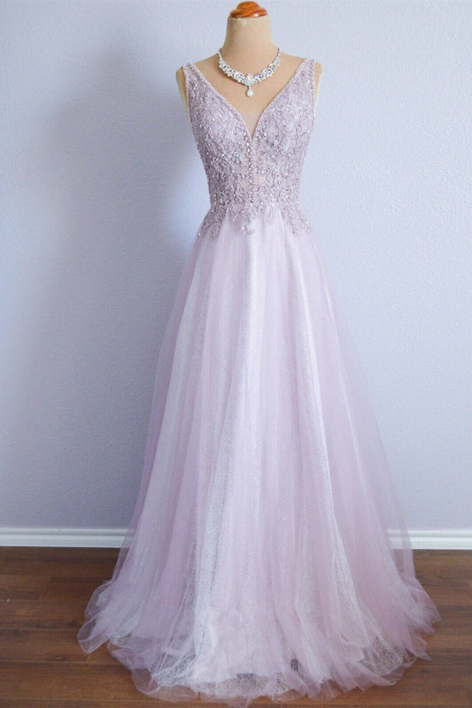 Chic Tulle A-Line V-Neck Open Back Prom Party Dress