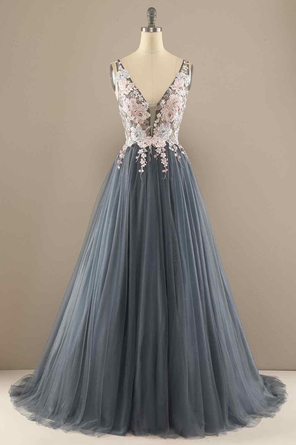 Tulle A-Line V-Neck Backless Floral Appliques Prom Party Dress