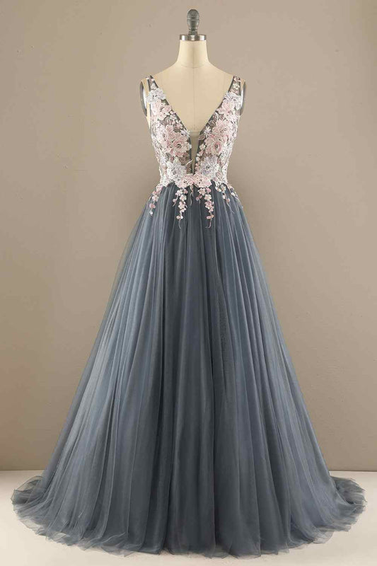 Tulle A-Line V-Neck Backless Floral Appliques Prom Party Dress
