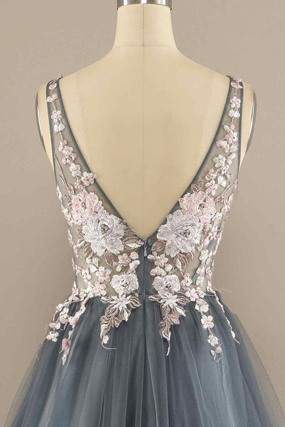 Tulle A-Line V-Neck Backless Floral Appliques Prom Party Dress