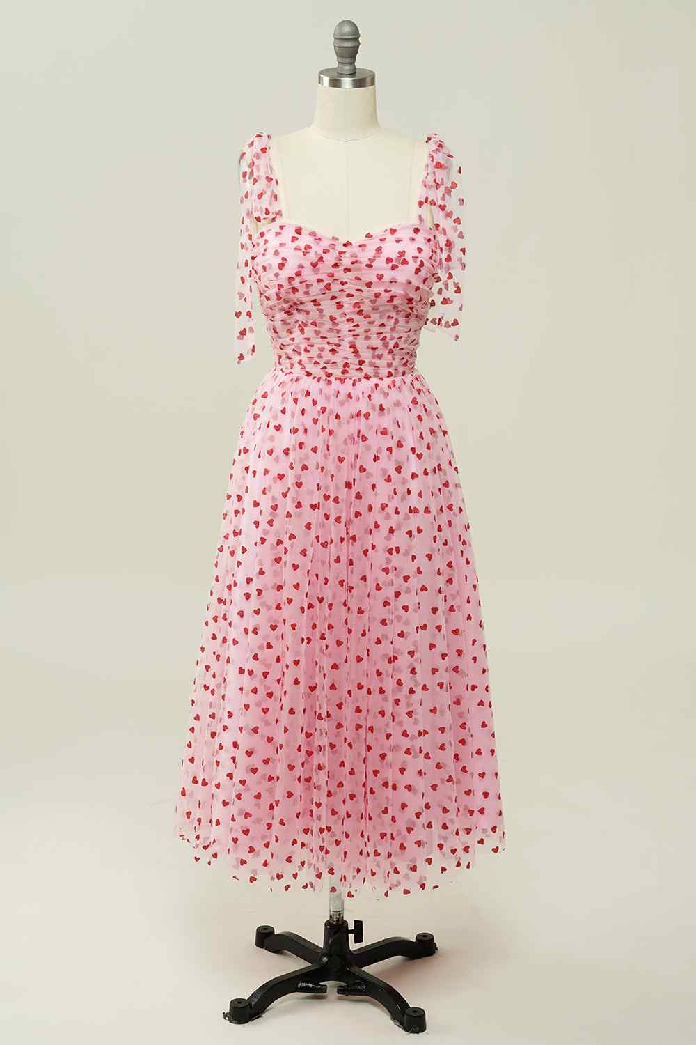 Pink Heart-Print Polka Dot Chiffon A-Line Party Prom Dress