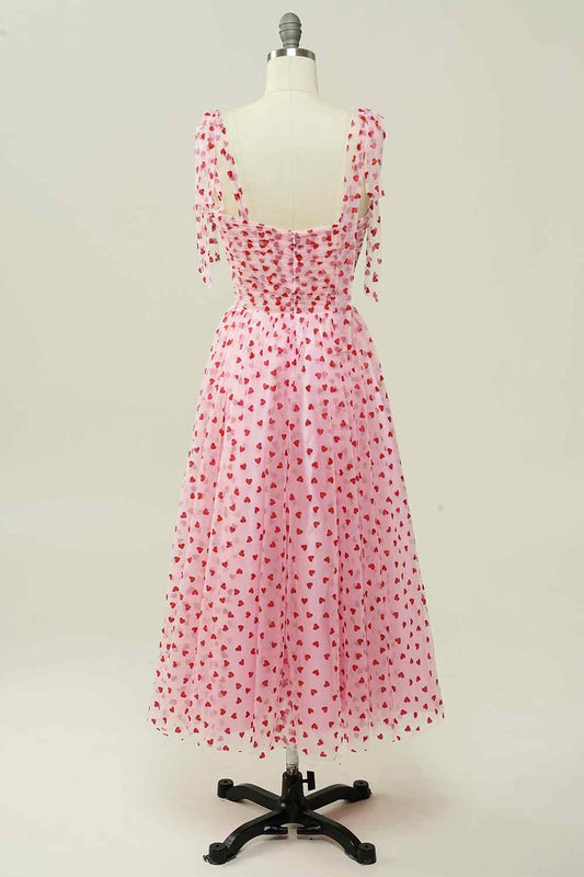 Pink Heart-Print Polka Dot Chiffon A-Line Party Prom Dress