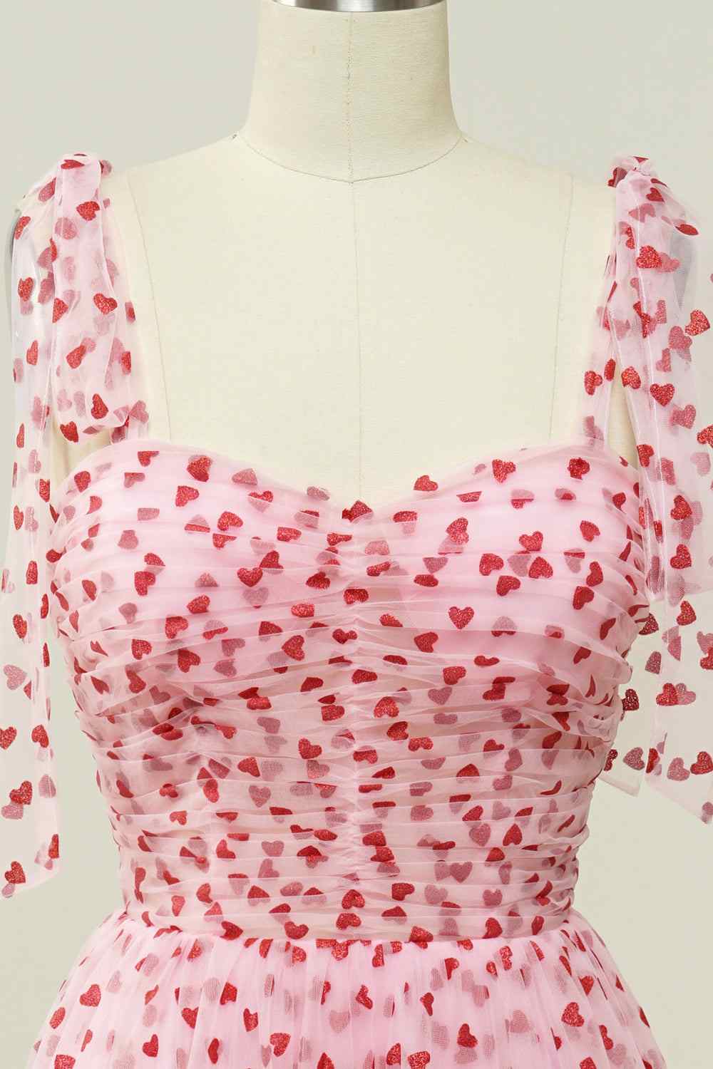 Pink Heart-Print Polka Dot Chiffon A-Line Party Prom Dress