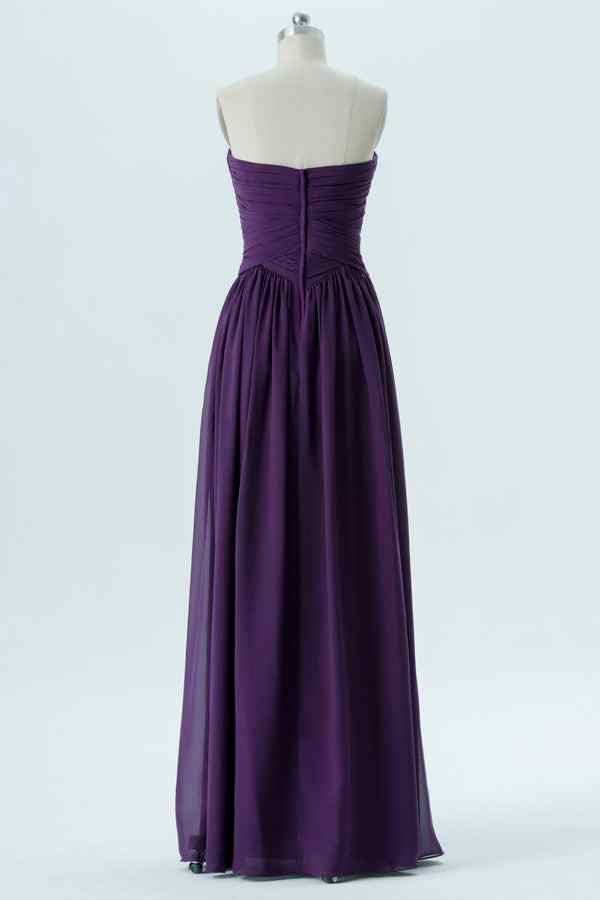Grape A-line Strapless Pleated Chiffon Long Bridesmaid Dress