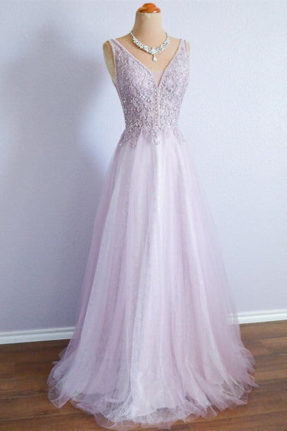 Chic Tulle A-Line V-Neck Open Back Prom Party Dress