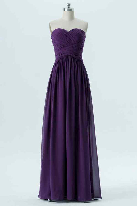 Grape A-line Strapless Pleated Chiffon Long Bridesmaid Dress