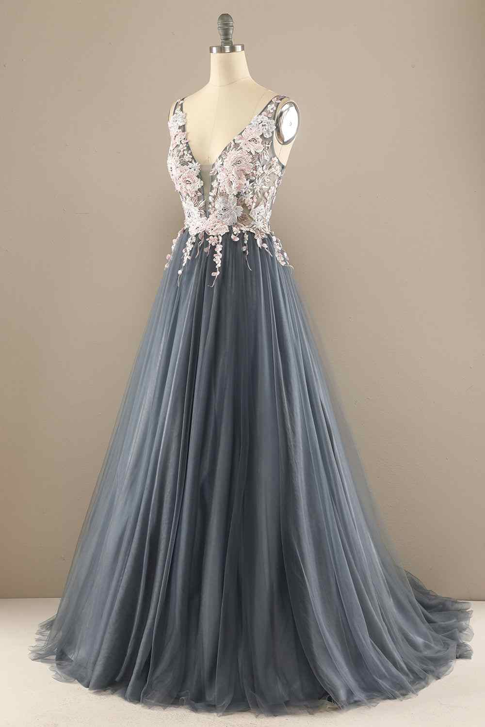 Tulle A-Line V-Neck Backless Floral Appliques Prom Party Dress