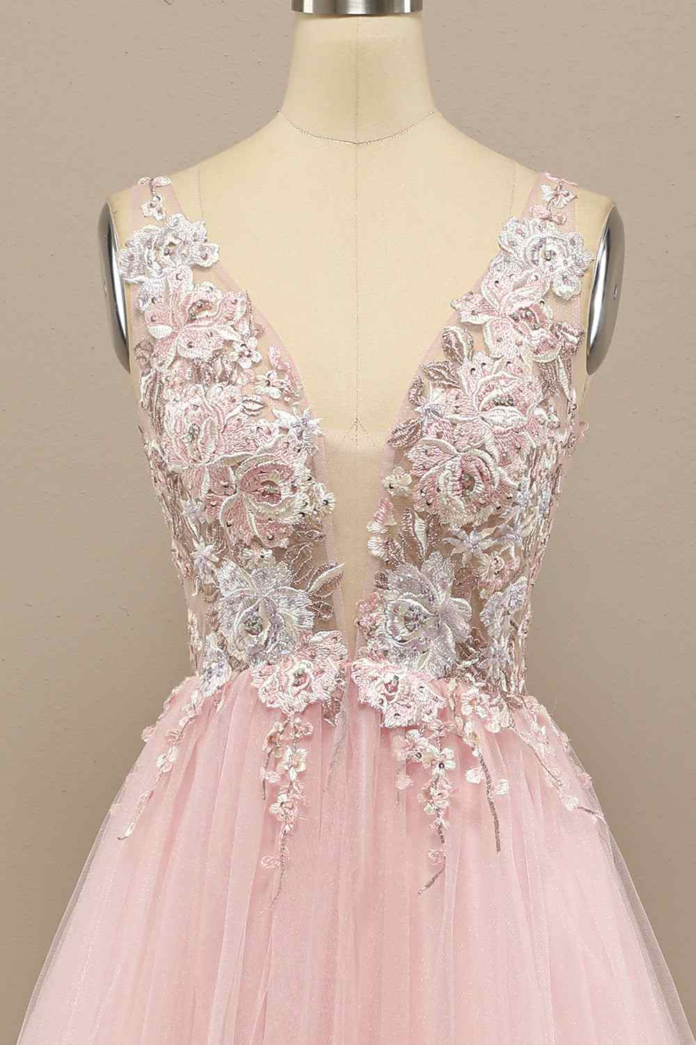 Tulle A-Line V-Neck Backless Floral Appliques Prom Party Dress