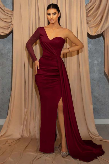 One Shoulder Long Sleeve Sweetheart Sequins Sky Blue Mermaid Evening Dress With Split