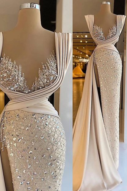 Sleeveless Deep V-Neck Mermaid Beads Prom Dress