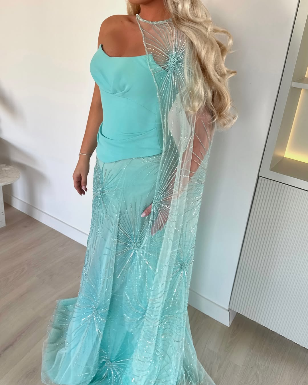 Elegant Mint Green Strapless Sequins Sleeveless Prom Dress with Shawl