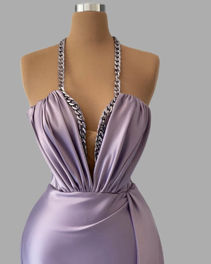 Purple Sleeveless Deep V-Neck Spaghetti Straps Mermaid Prom Dress