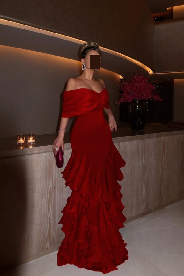 Glamorous Orchid Off the Shoulder Ruffles Evening Dress with Pleated