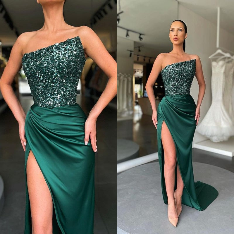 Sequins Dark Green Prom Dress With Slit