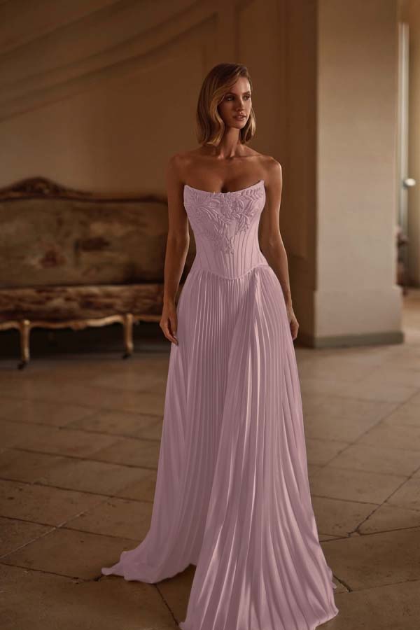 Exquisite White Satin Strapless Sleeveless Long Pleated Prom Dress with Applique