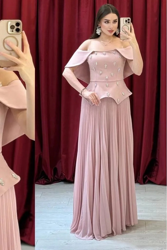Chic Off The Shoulder Sleeveless Long Prom Dress With Beading
