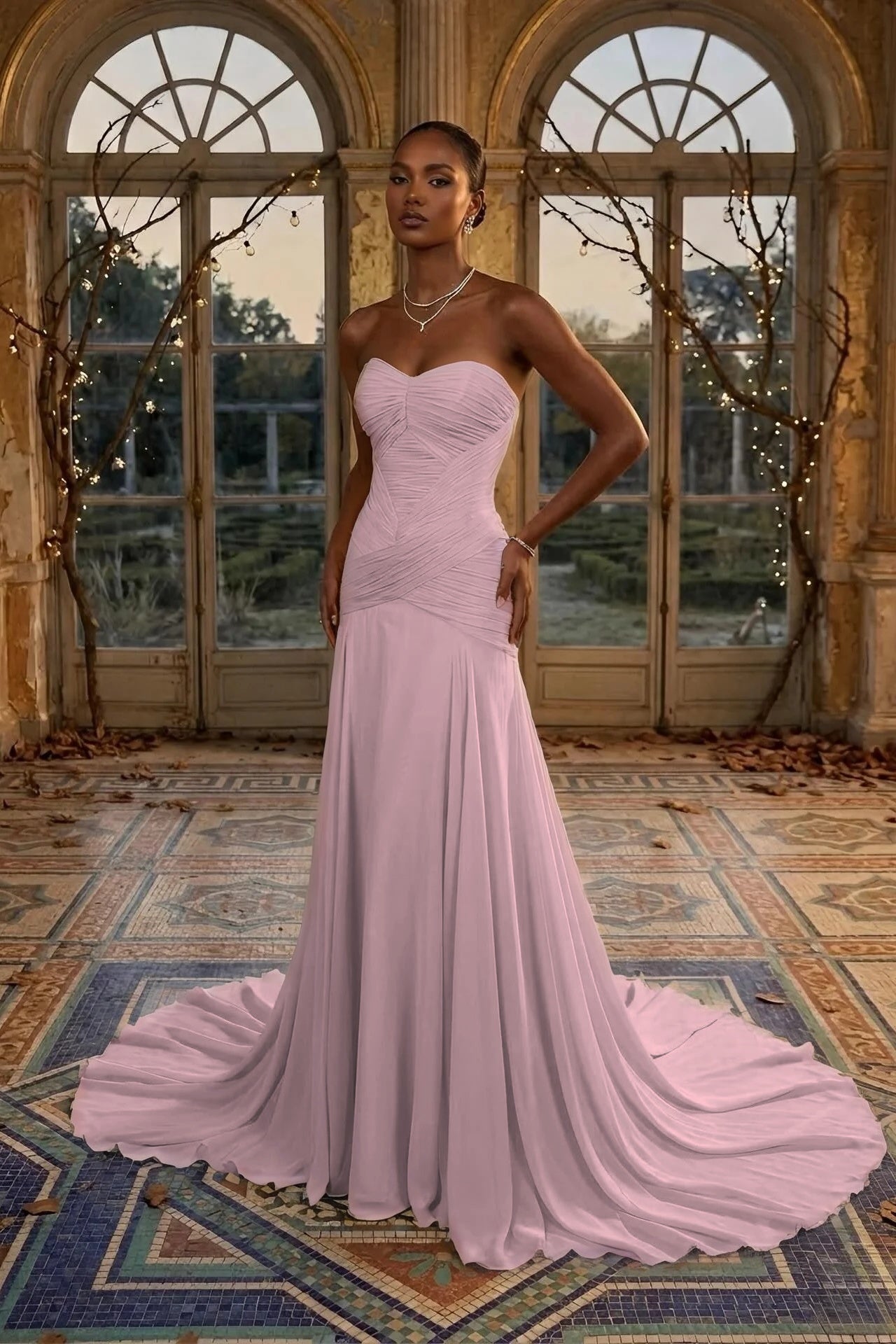 Elegant Dusty Sage Sweetheart Evening Dress in Chiffon with Pleated