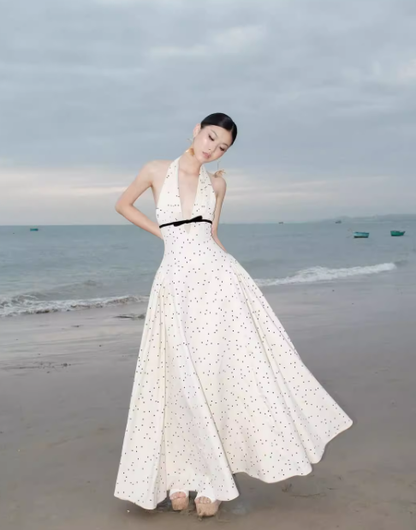 Retro A Line Halter Polka Dot Satin Open Back Prom Dress Evening Dress SH3113