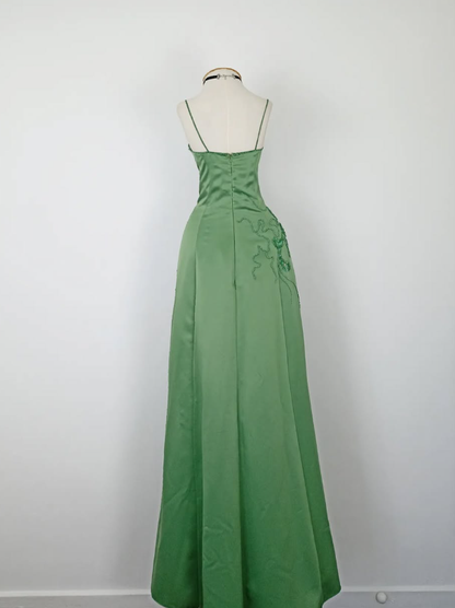Retro A Line Spaghetti Strap Green Beaded Satin Long Evening Dress Party Dress SH3168