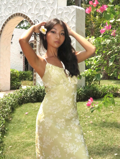 Cute Yellow A Line Spaghetti Strap Print Floral Satin Prom Dress Wedding Guest Dress SH4388