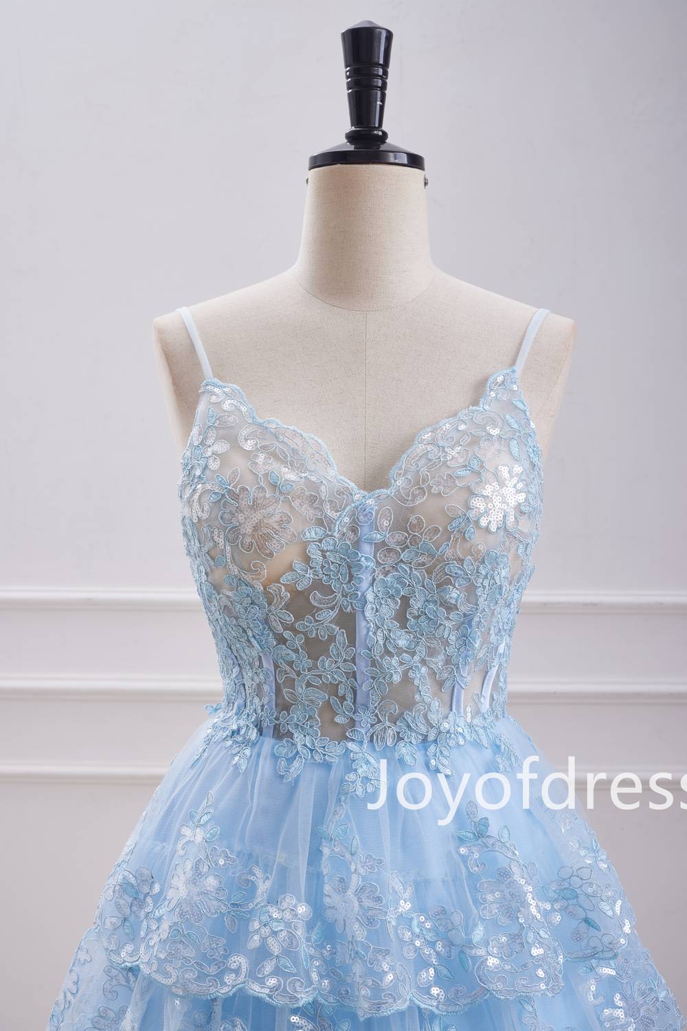 Straps Light Blue Corset Sequin Appliques Ruffle Homecoming Dress
