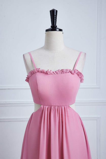 Pink Ruffled Spaghetti Straps Bow Tie Back Long Bridesmaid Dress