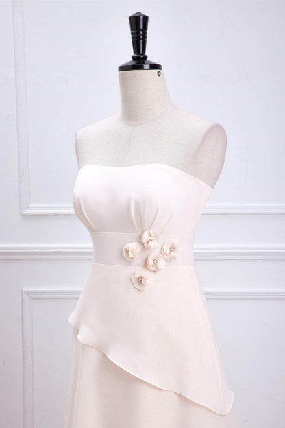 Pink Strapless A-line Layers Long Bridesmaid Dress with Flowers