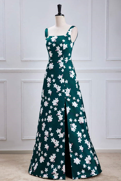 Green Floral Prints A-line Long Bridesmaid Dress with Slit