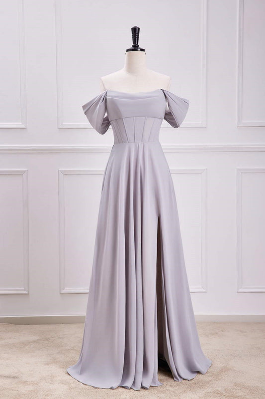 Grey Off-Shoulder A-line Chiffon Long Bridesmaid Dress with Slit