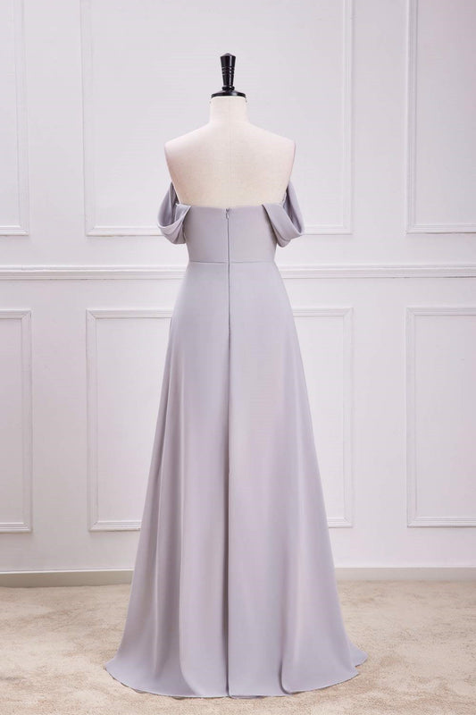 Grey Off-Shoulder A-line Chiffon Long Bridesmaid Dress with Slit