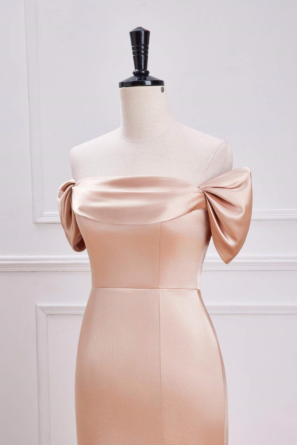 Champagne Off-Shoulder Mermaid Long Bridesmaid Dress with Slit